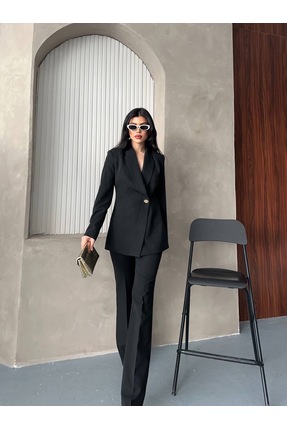 Celiora Kadın Tek Düğmeli Blazer Ceket Pantolon Takım Yüksek Bel İspanyol Paç...