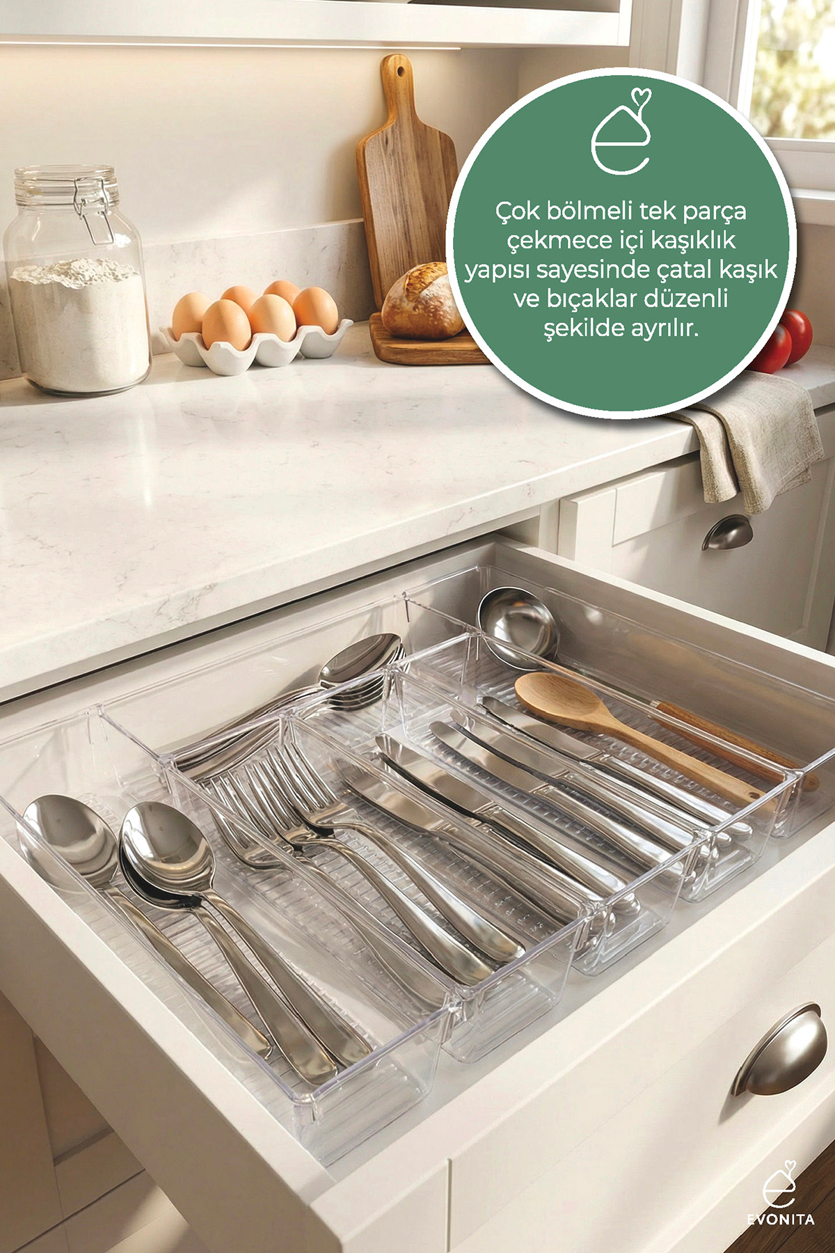 EVONİTA Çekmece İçi Kaşıklık Organizer Set 6 Parça Şeffaf Mutfak