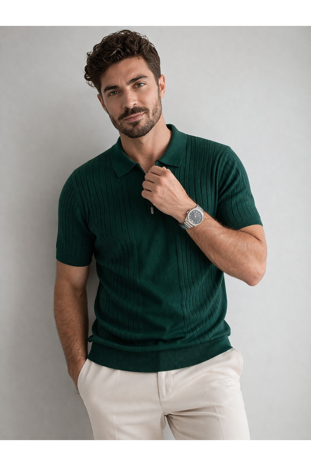 KAREL BUTİK Men's Zippered Green Regular Fit Polo Collar T-Shirt