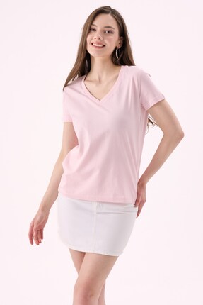 CrepTekstil Crep Kadın Basic V Yaka Kısa Kollu T-Shirt Pembe – Regular Fit %1...