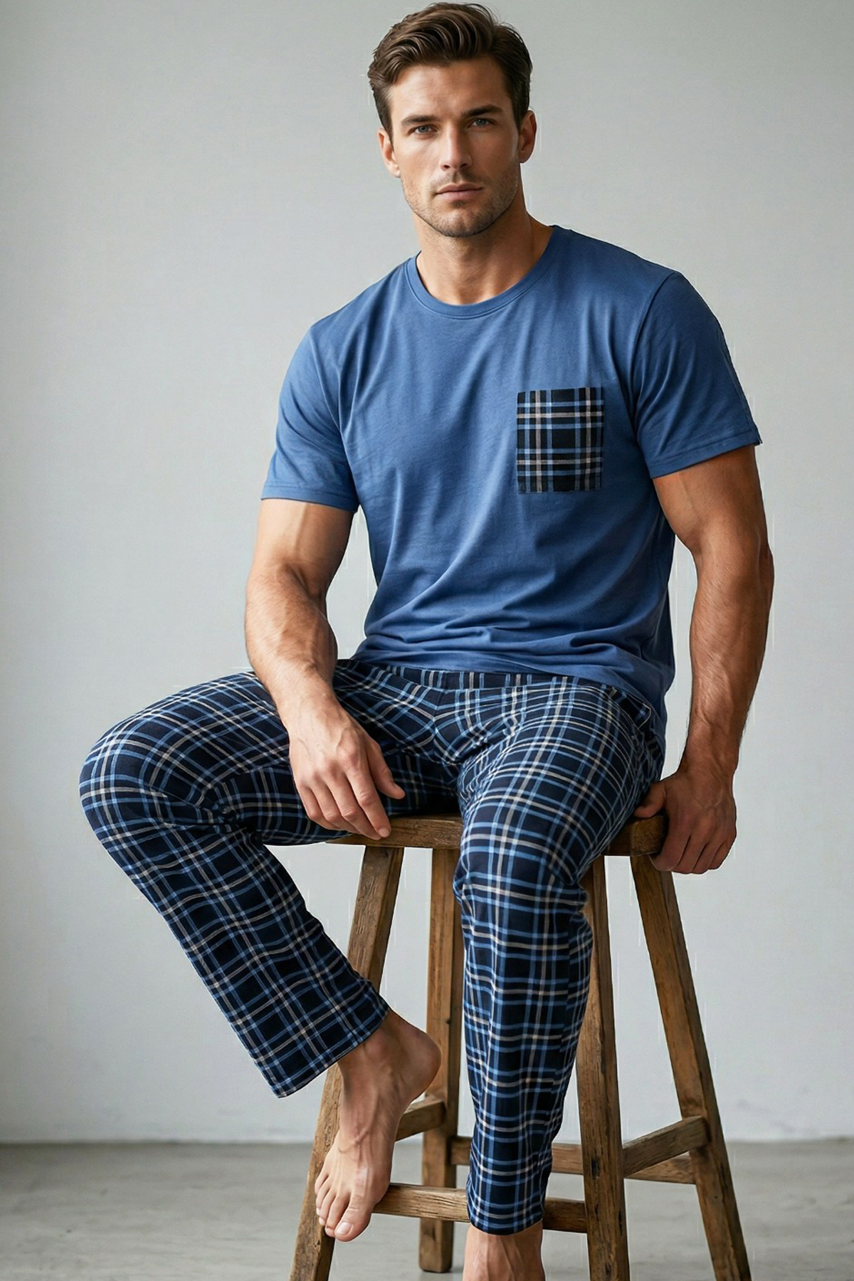 Siyah İnci indigo lacivert Ekose Desenli cep nakışlı Örme Kısa Kollu Pijama Takım 8000