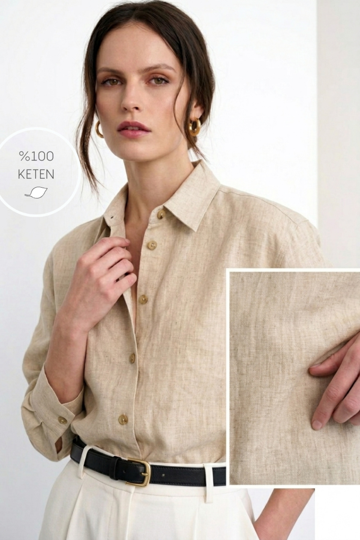 NİLİST 100% Linen Stand Collar Shirt Sand Beige