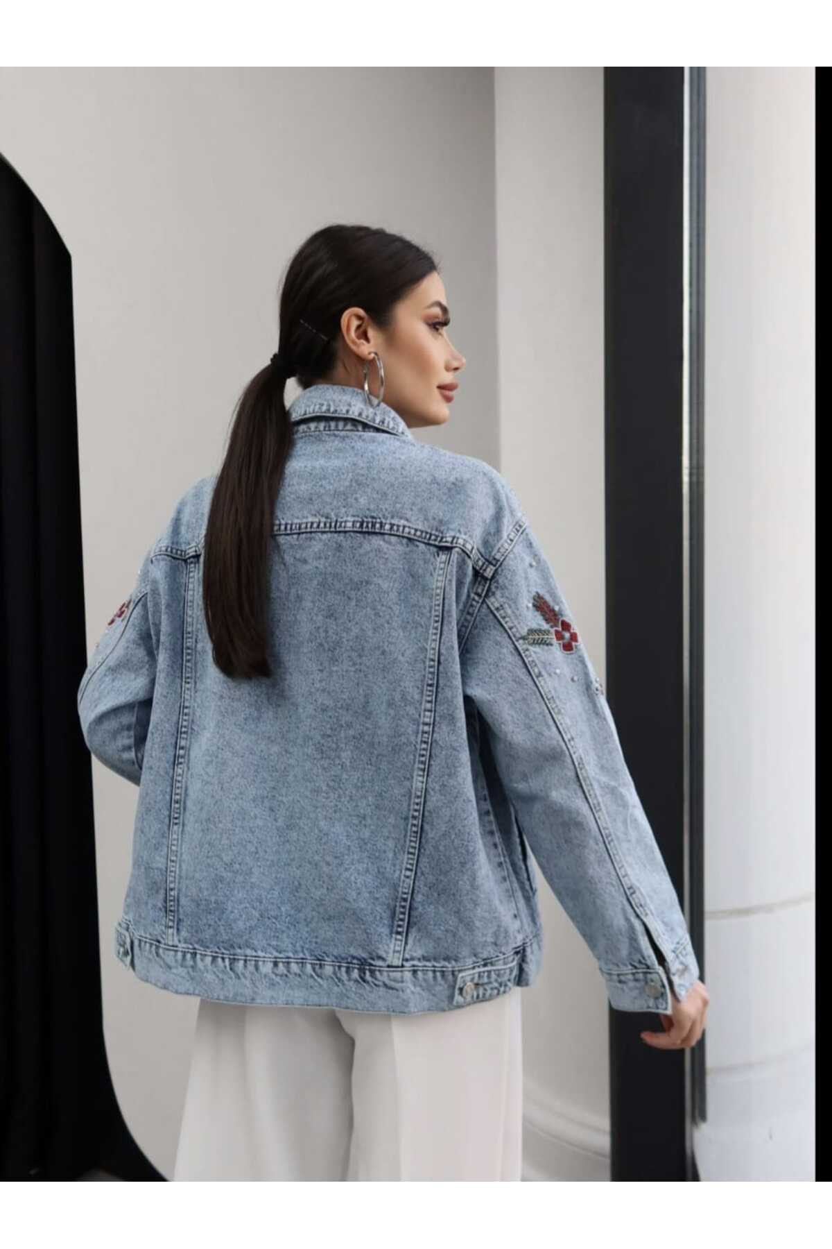 QİMYA BUTİK  LEVURE Kadın Omzu El İşi Taş İşlemeli Nakışlı Rahat Kesim KOT CEKET - Görsel 8