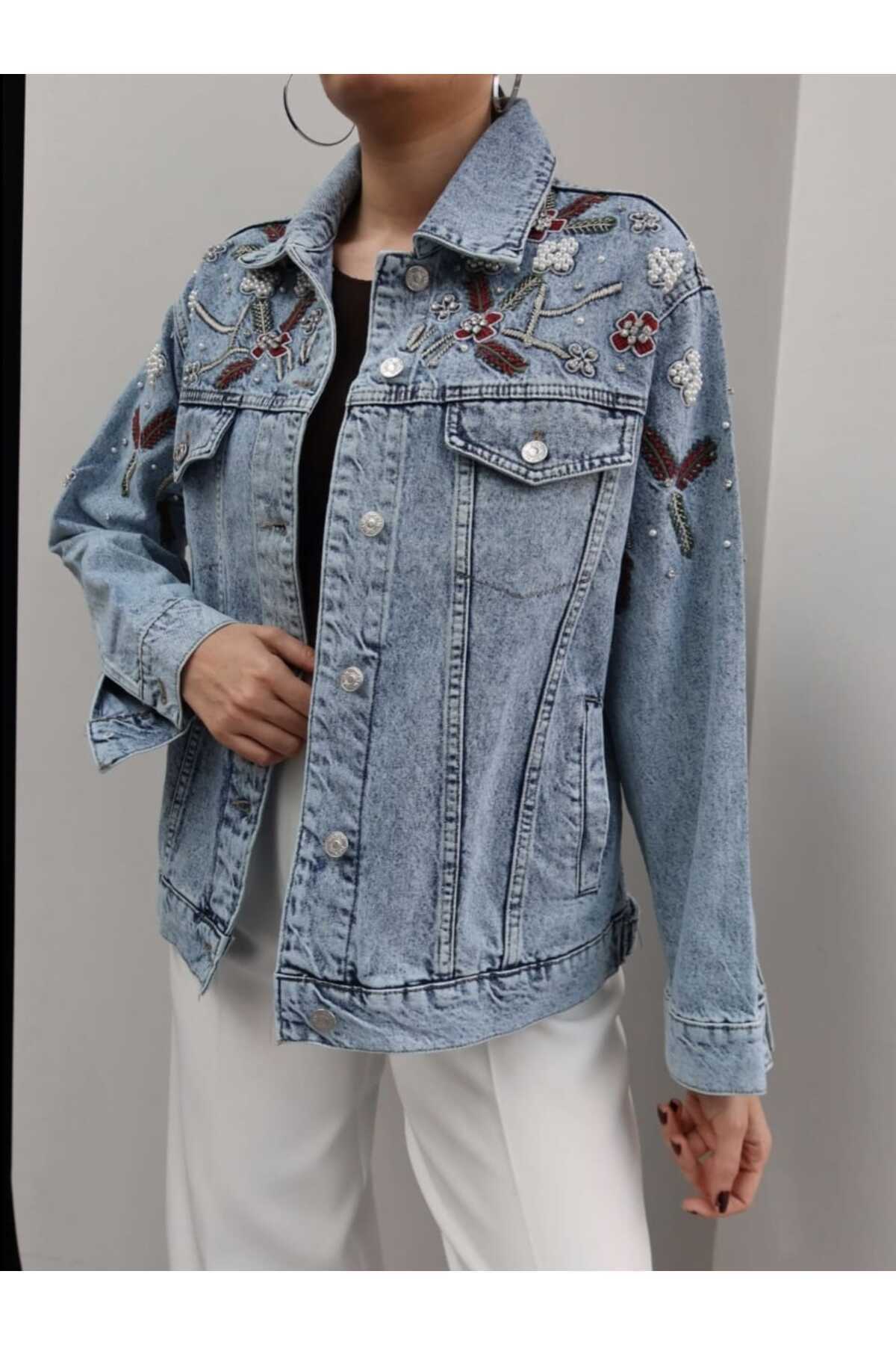 QİMYA BUTİK  LEVURE Kadın Omzu El İşi Taş İşlemeli Nakışlı Rahat Kesim KOT CEKET - Görsel 5