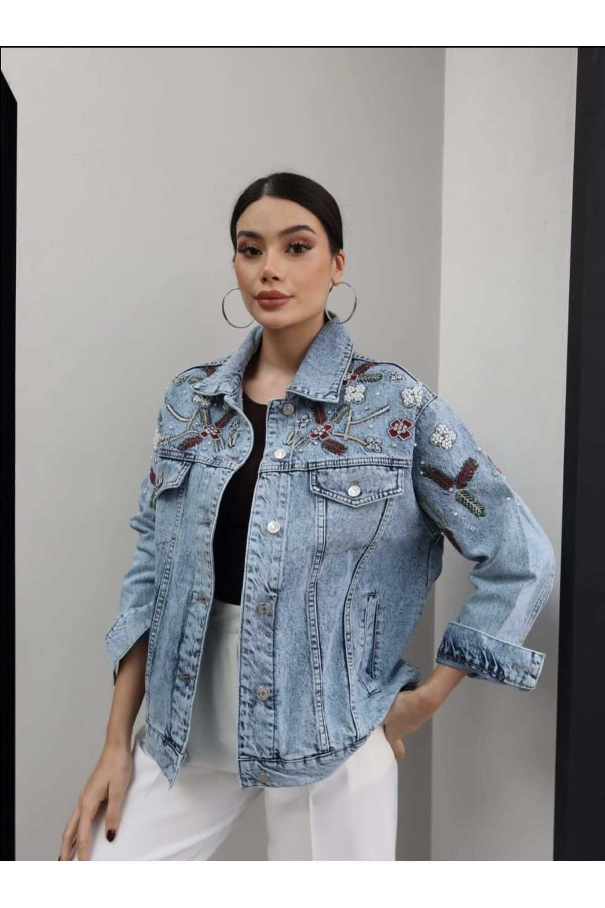 QİMYA BUTİK  LEVURE Kadın Omzu El İşi Taş İşlemeli Nakışlı Rahat Kesim KOT CEKET