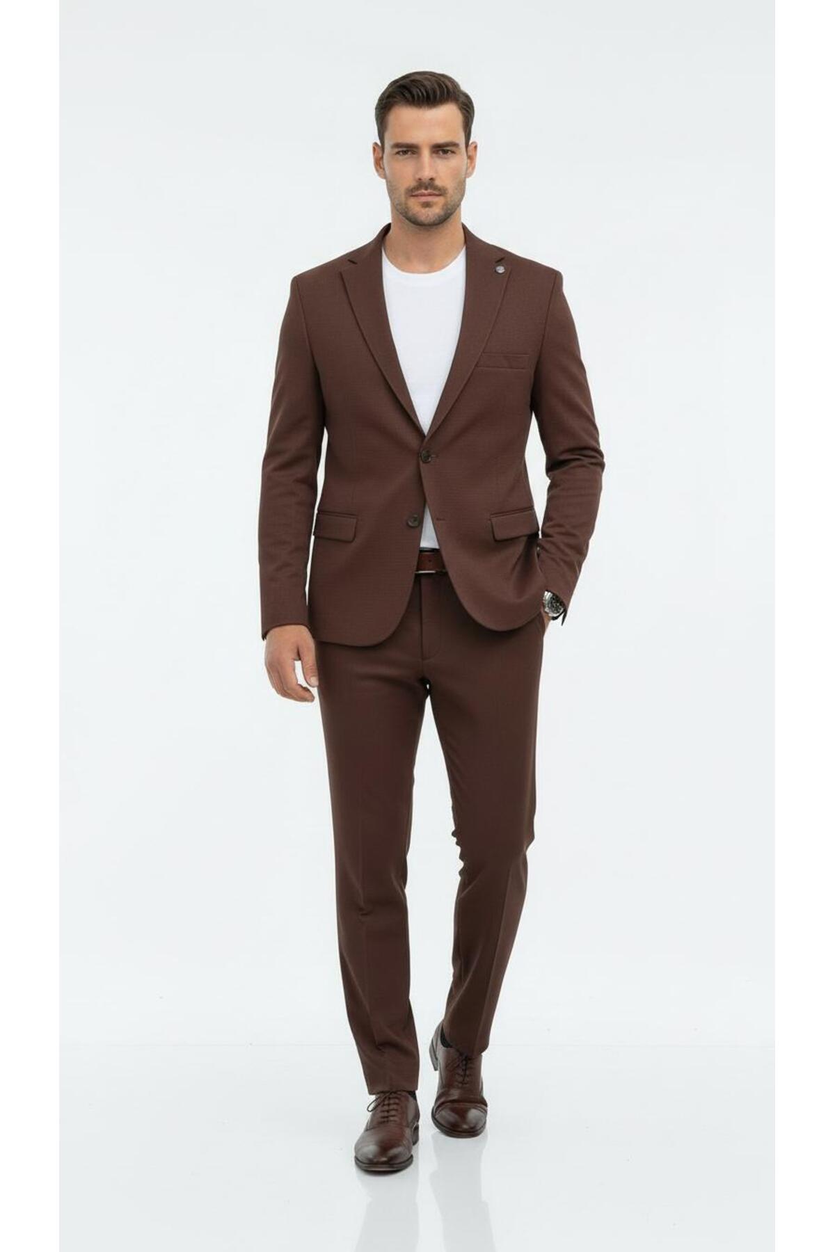 Plus Scorpion Erkek Slim Fit Mikro Dokulu Takım Elbise Çift Düğmeli Modern Kesim görsel 3