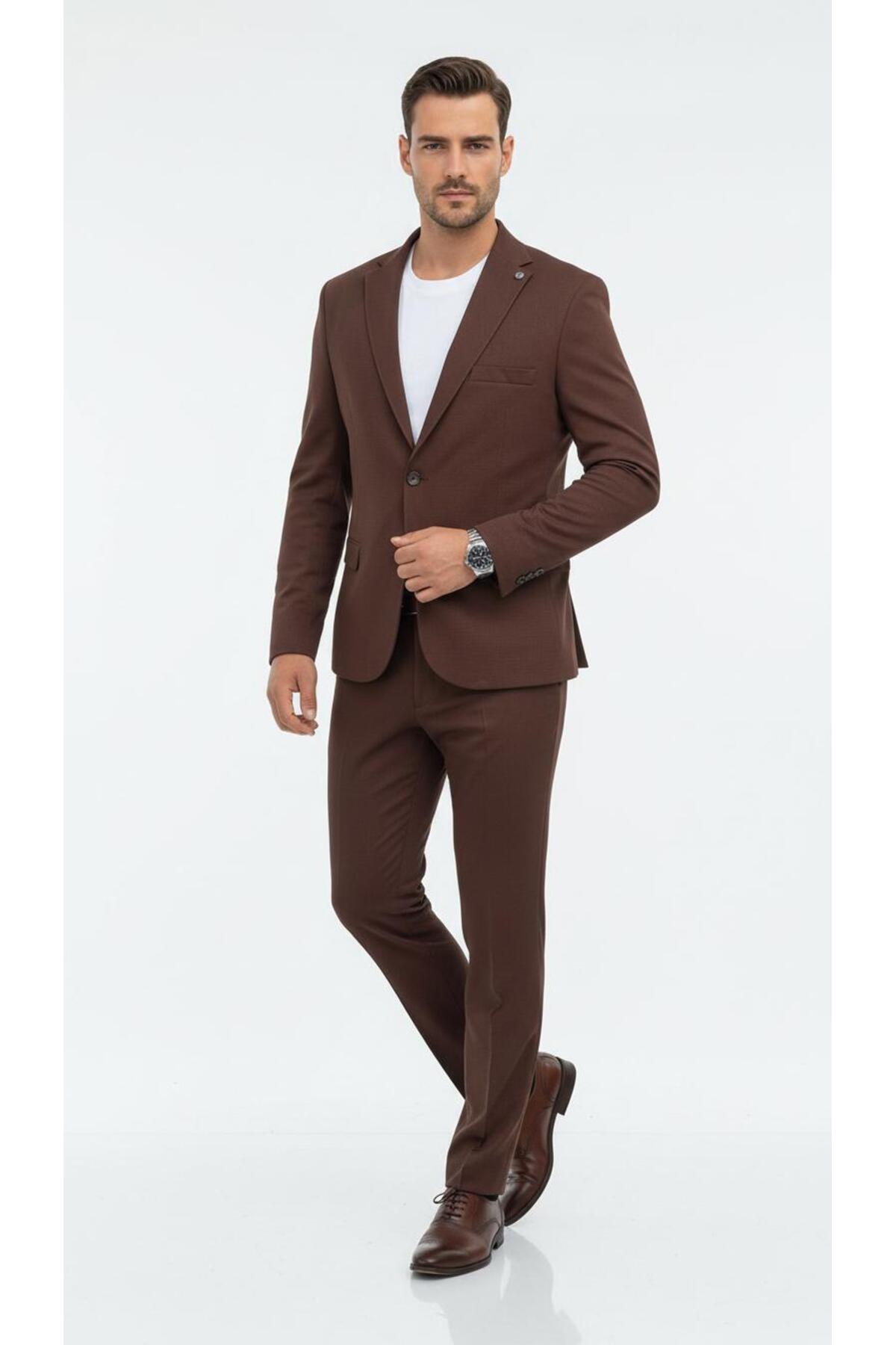 Plus Scorpion Erkek Slim Fit Mikro Dokulu Takım Elbise Çift Düğmeli Modern Kesim