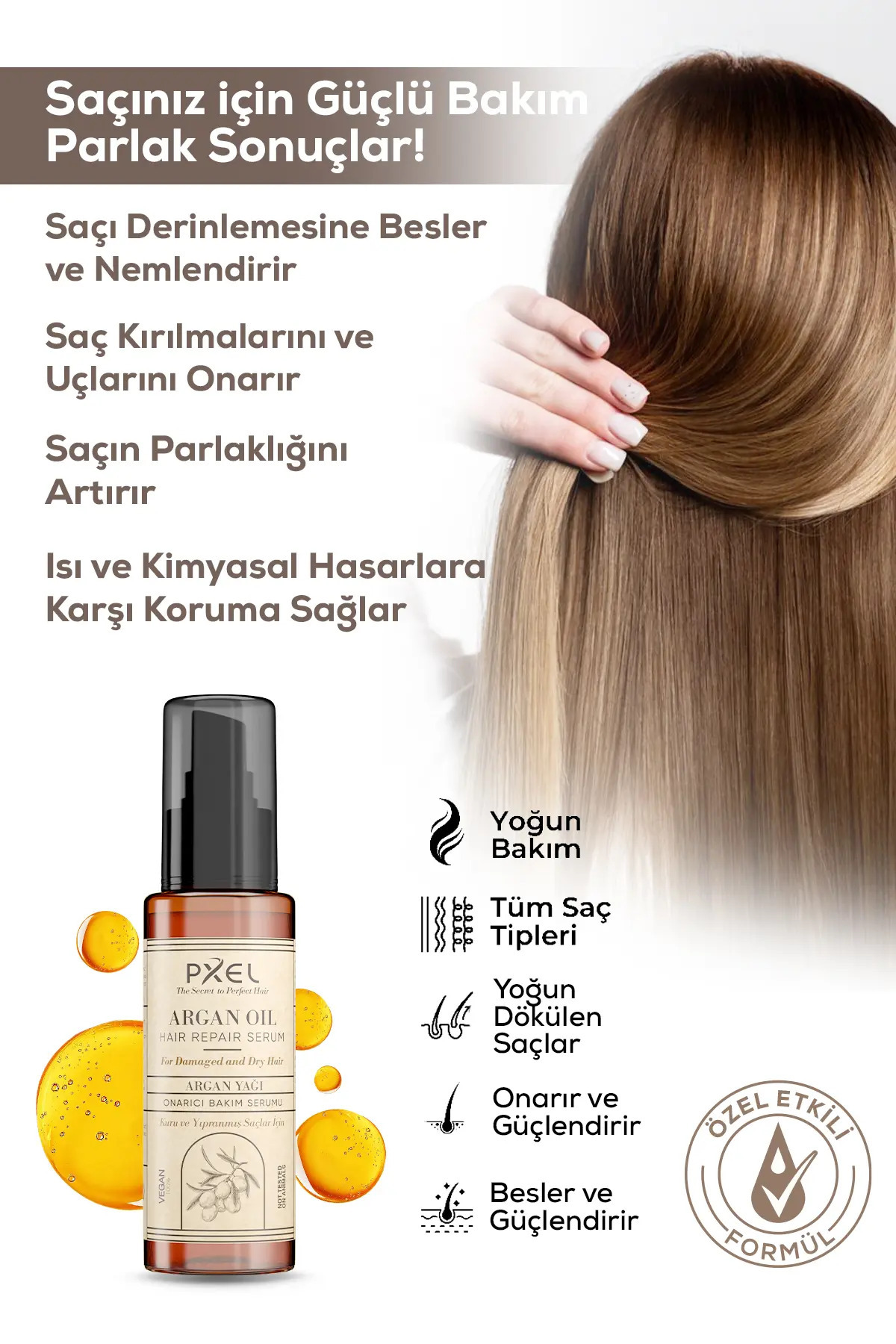 Saç Onarıcı Serum 75 ML | Argan, Hindistan Cevizi Yağı , Vegan Saç Bakım Serumu — 8684777707021 — تصویر 3 از 5