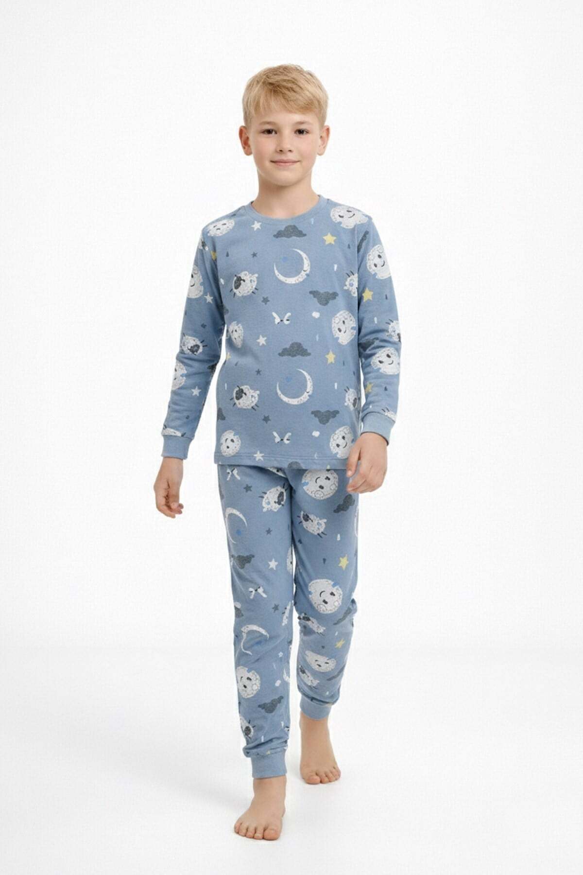bunny hopp Sleep-Themed 100% Cotton Boys' Pajama Set - Blue Lamb Patterned Set