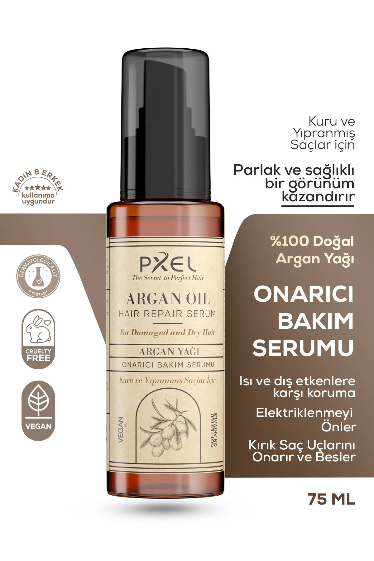 PXEL Saç Onarıcı Serum 75 ML | Argan, Hindistan Cevizi Yağı , Vegan Saç Bakım Serumu — 8684777707021