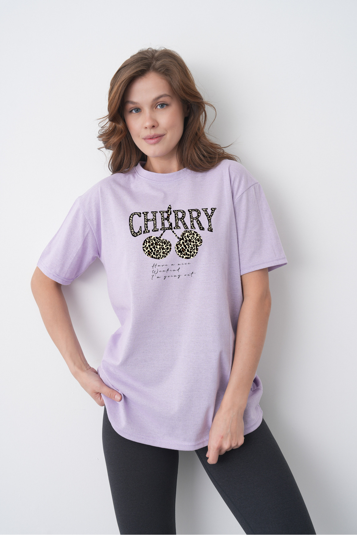 Leopard Patterned Cherry Printed Cotton Combed Cotton Lilac T-Shirt