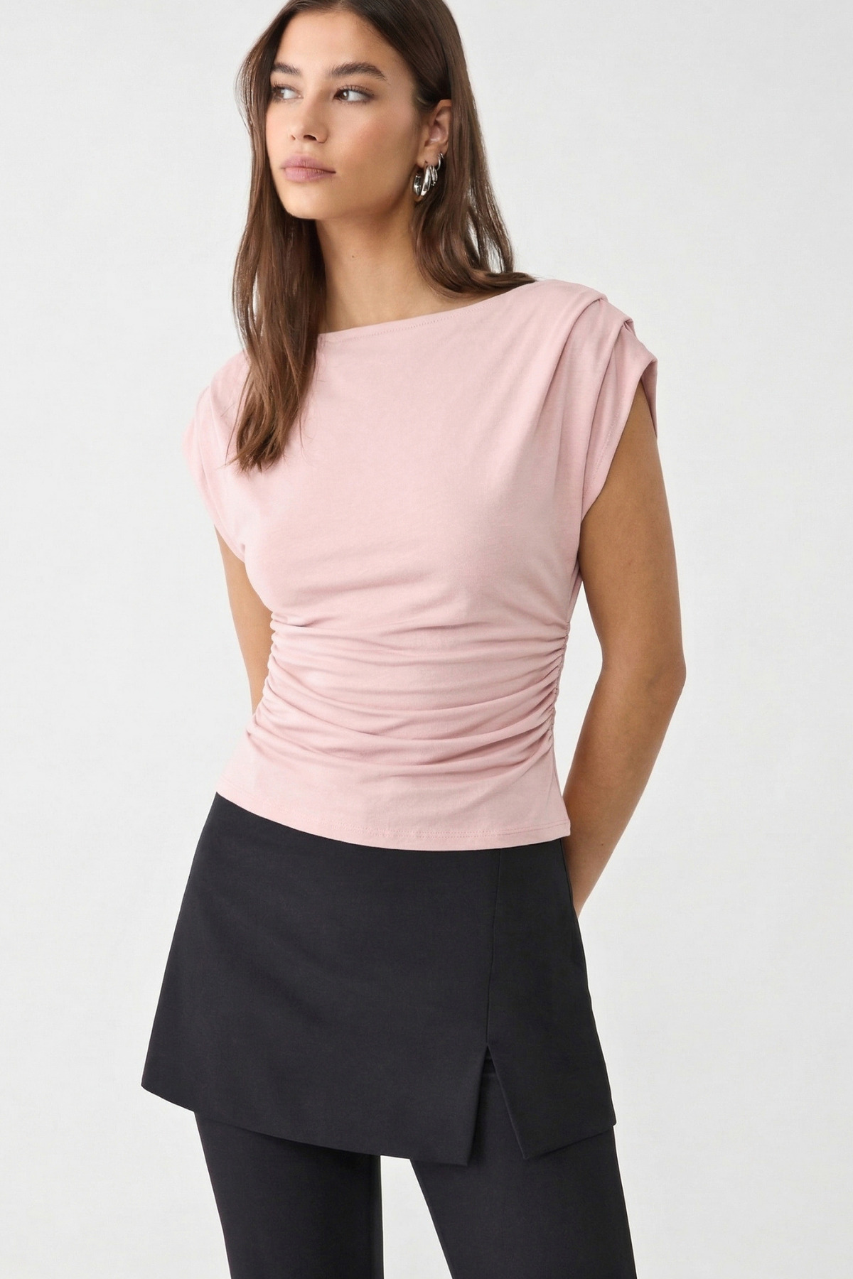 VODENS  Pembe Drapeli Kayık Yaka %97 Pamuk Bluz - Görsel 2