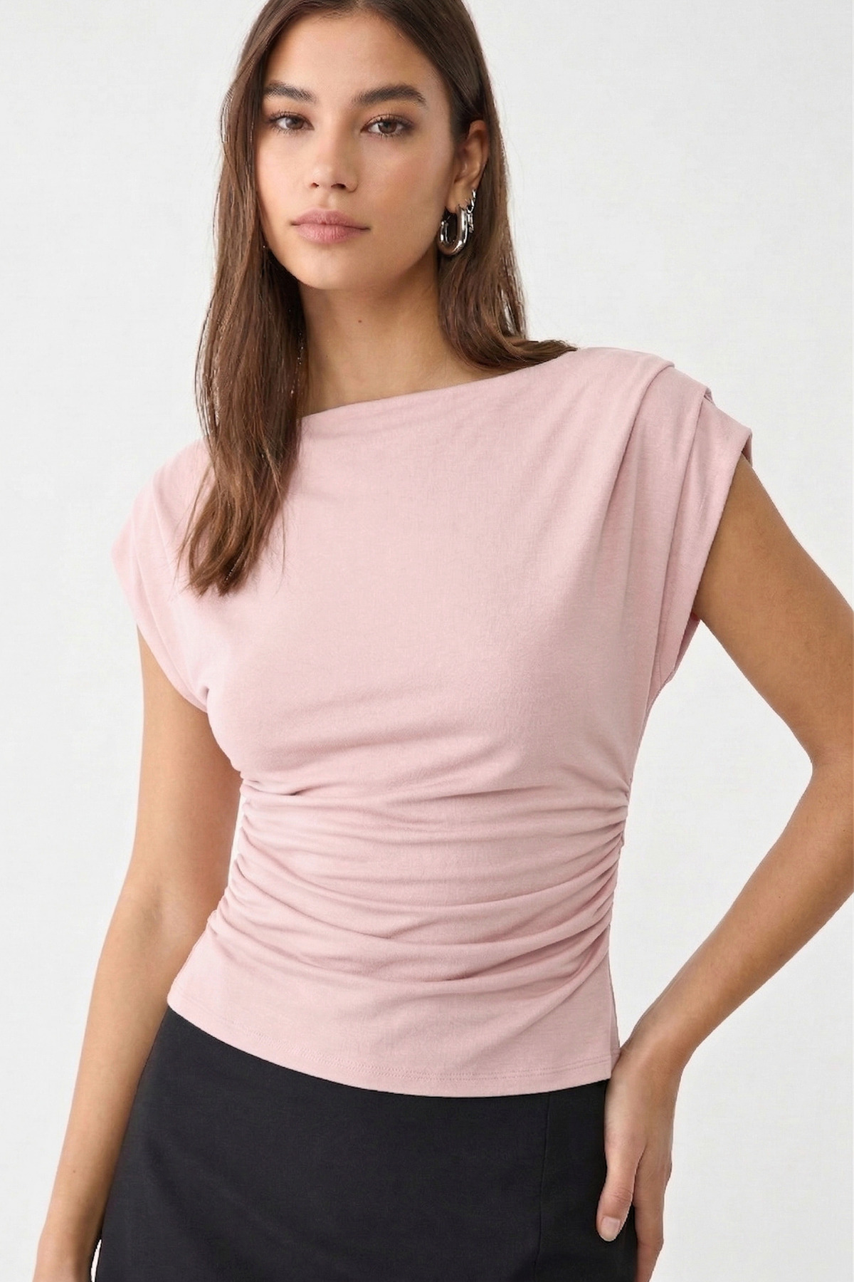 VODENS  Pembe Drapeli Kayık Yaka %97 Pamuk Bluz