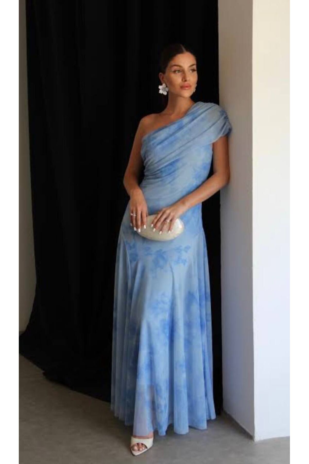 Women's Blue One Shoulder Lined Long Tulle Dress