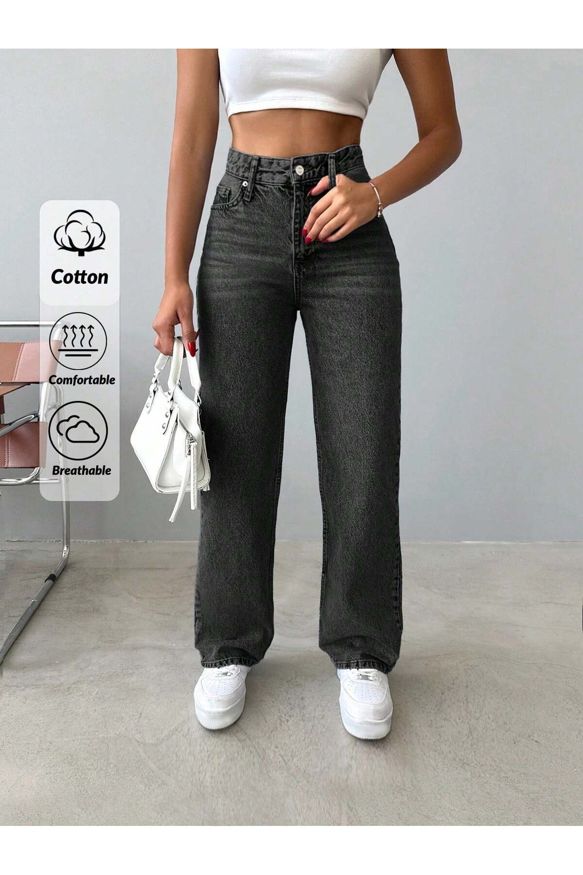 Women's High Waist 100% Cotton Jean Trousers - Straight Cut Straight Denim