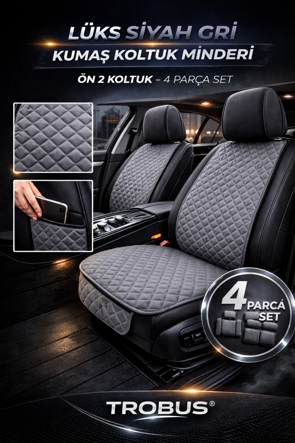 TROBUS Citroen Berlingo Uyumlu 4 Parça Ön İkili Oto Koltuk Minderi Terletmez Kaymaz Taban Gri