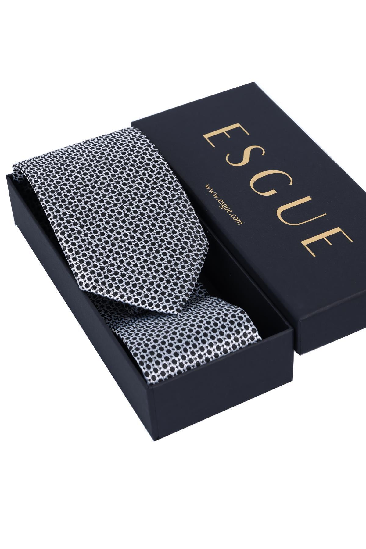 کراوات دستساز طرحدار مشکی و سفید ۸ سانتیمتری با دستمال جیبی Esgue مردانه | ESG115KRM1226 - تصویر 5