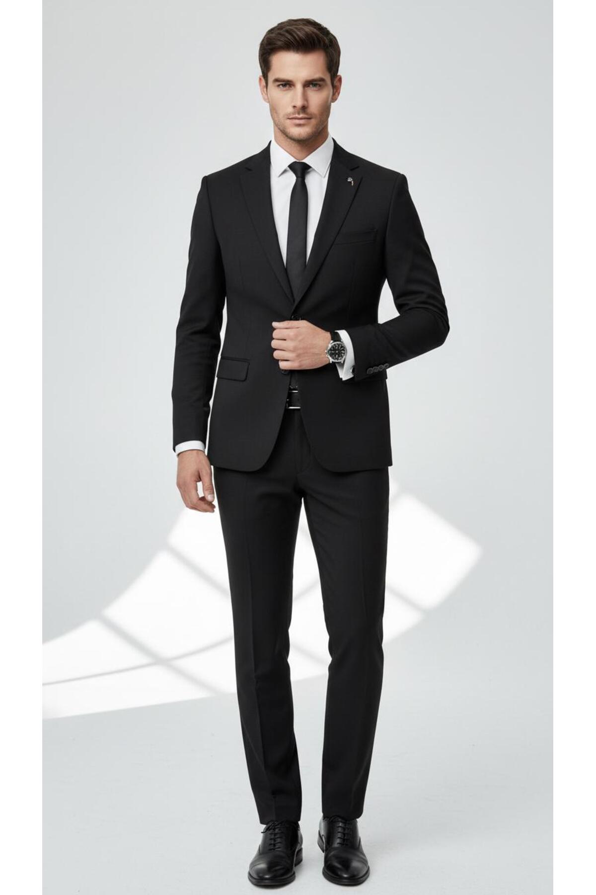 Plus Scorpion Men's Slim Fit Micro Patterned Suit 2 Button Double Slit Modern Jacket Trousers Set