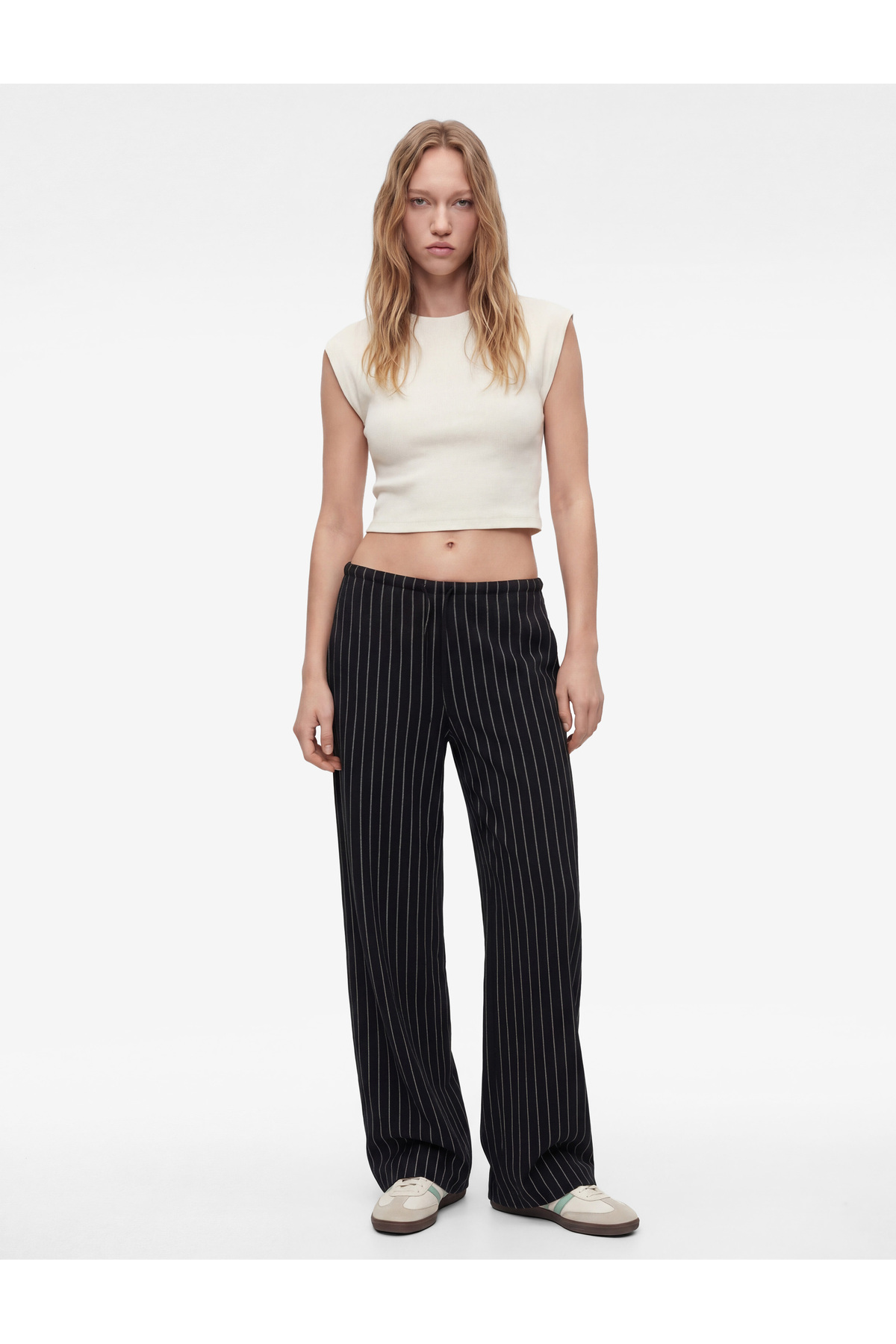 Koton Comfortable Fit, Lace-Up Waist, Striped Wrinkled Fabric, Wide-Legged Trousers