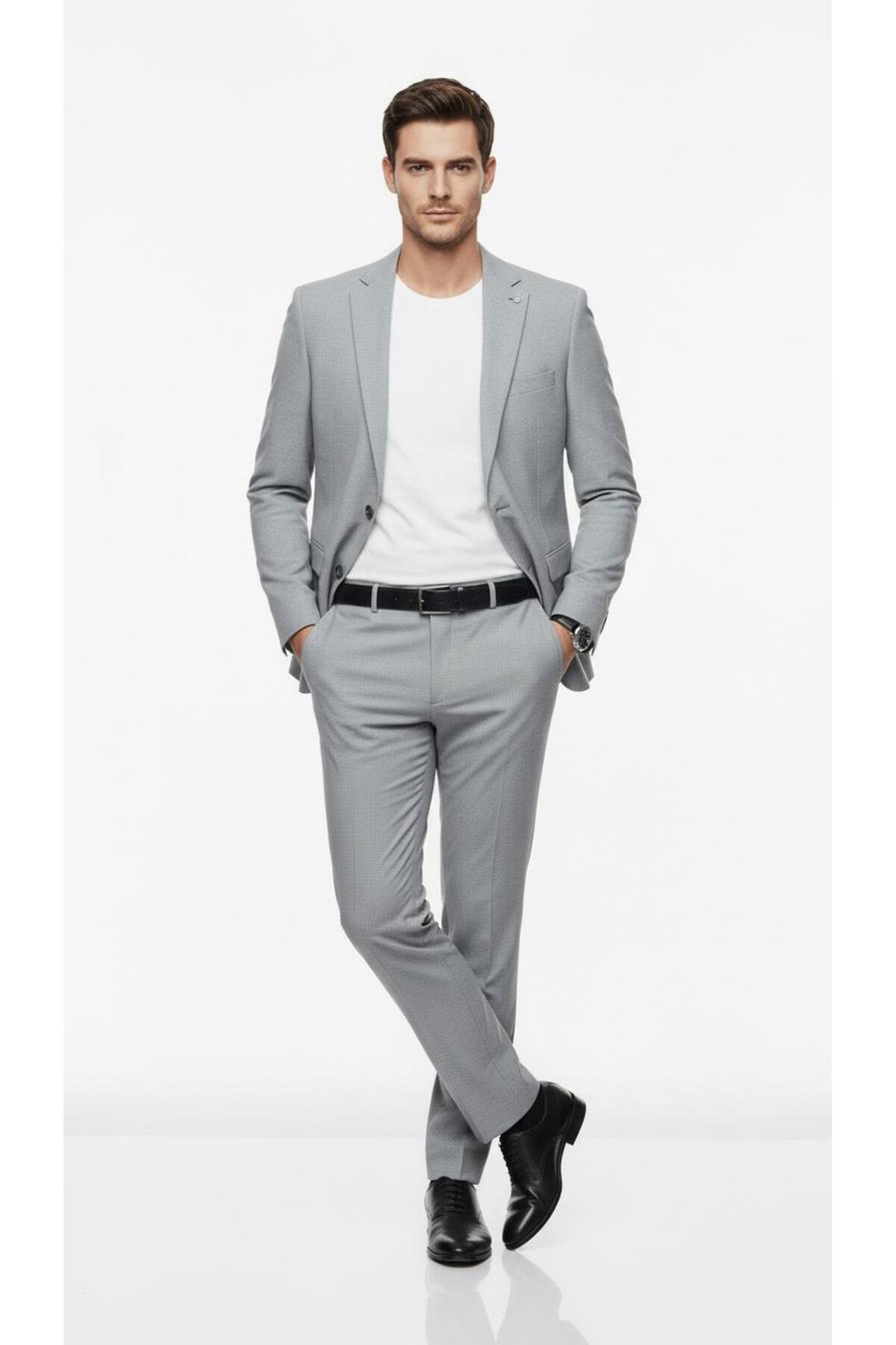 Plus Scorpion Erkek Slim Fit Mikro Desenli Takım Elbise 2 Düğmeli Çift Yırtmaçlı Modern Ceket Pantolon Takım görsel 3