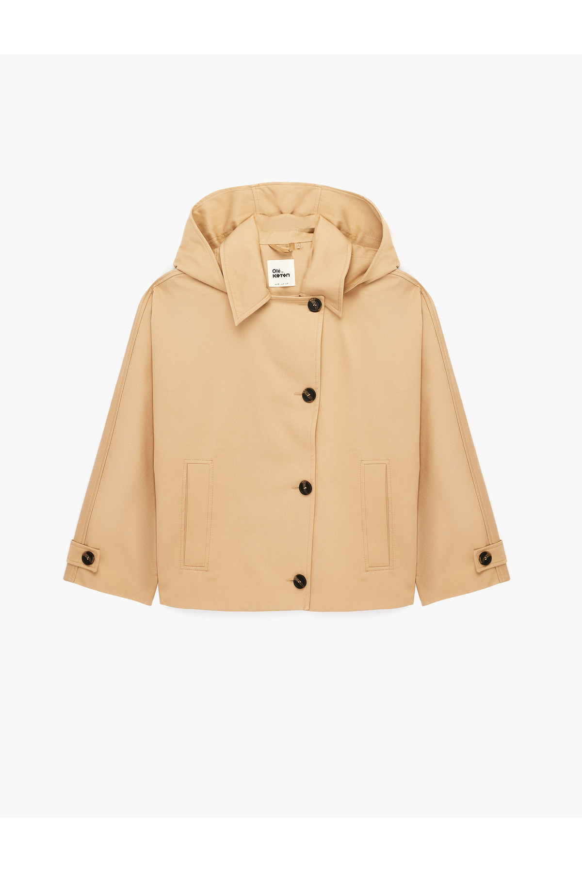 Koton  Düğmeli Cep Detaylı Uzun Kollu Kapüşonlu Gabardin Mevsimlik Ceket