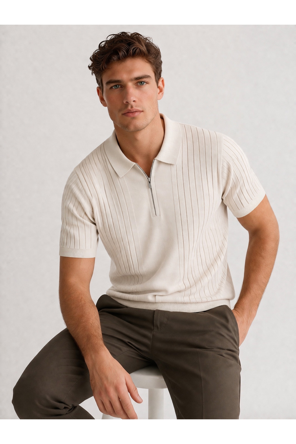 KAREL BUTİK Ecru Zippered Regular Fit Polo Neck T-Shirt