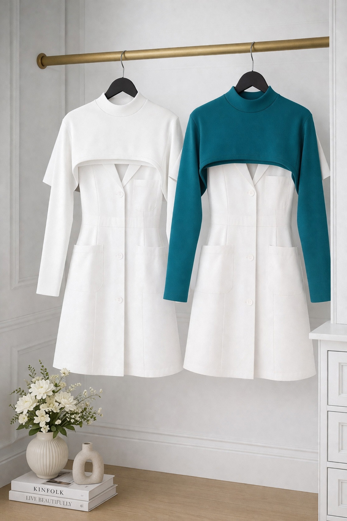2-Piece Set Fisherman Body Nurse Jersey Scrub Underwear Body Long Sleeve Neck Closer Workwear