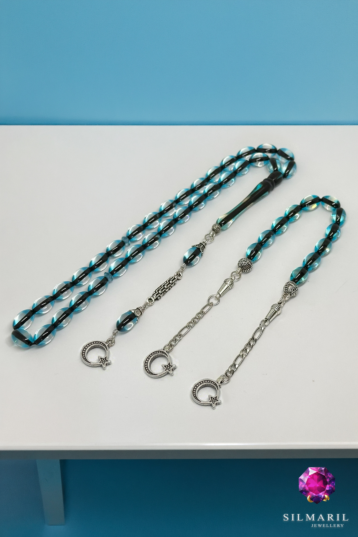 Ay Yıldız Figürlü Sürmeli Kehribar Tesbih Seti Zaza Model ile Koleksiyonluk Erkek Hediyesi Tespih — Silmaril Store