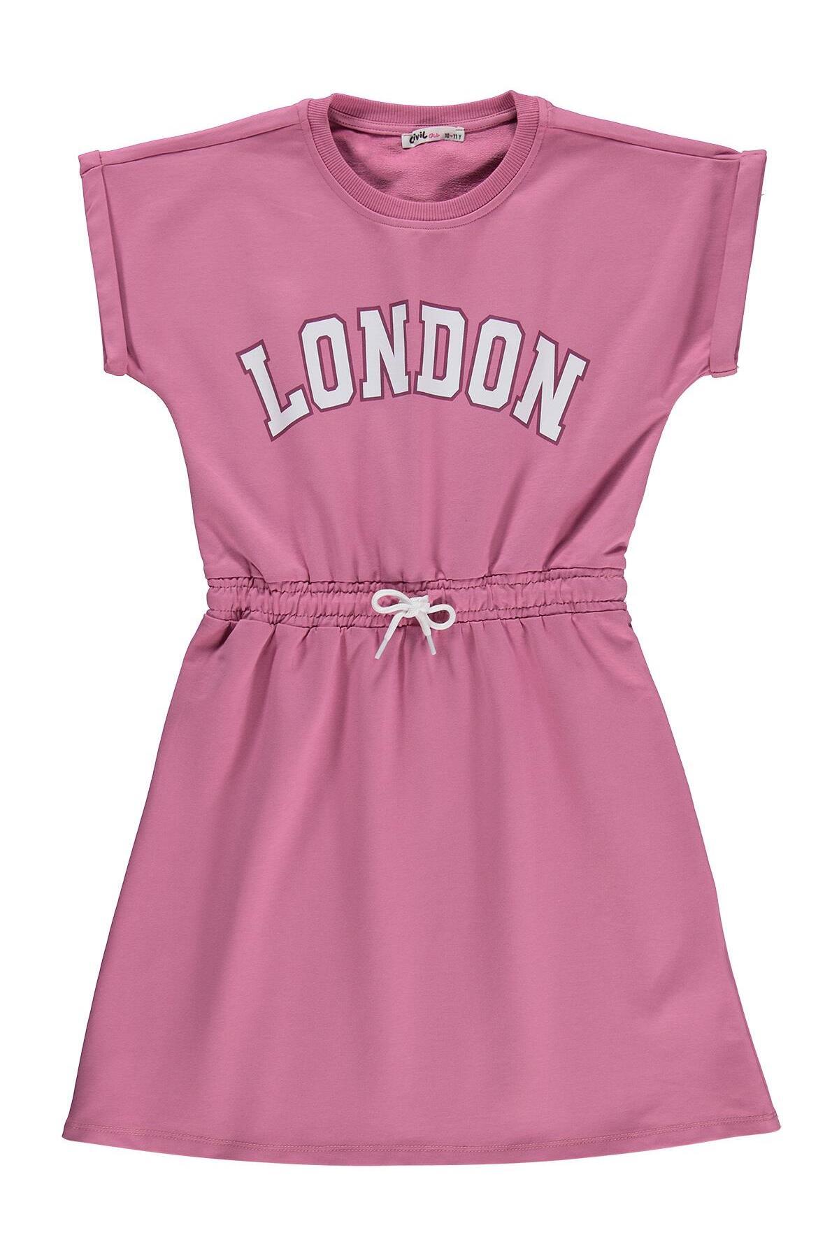 Civil London Baskılı 10-13 Yaş Elbise - Pudra
