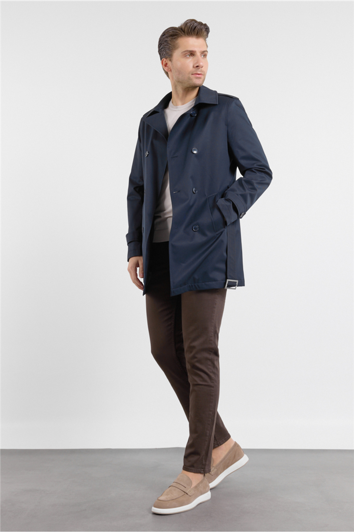 İmza Lacivert Mono Yaka Düz Classic Comfort Fit Trençkot 1006260150 görsel 3
