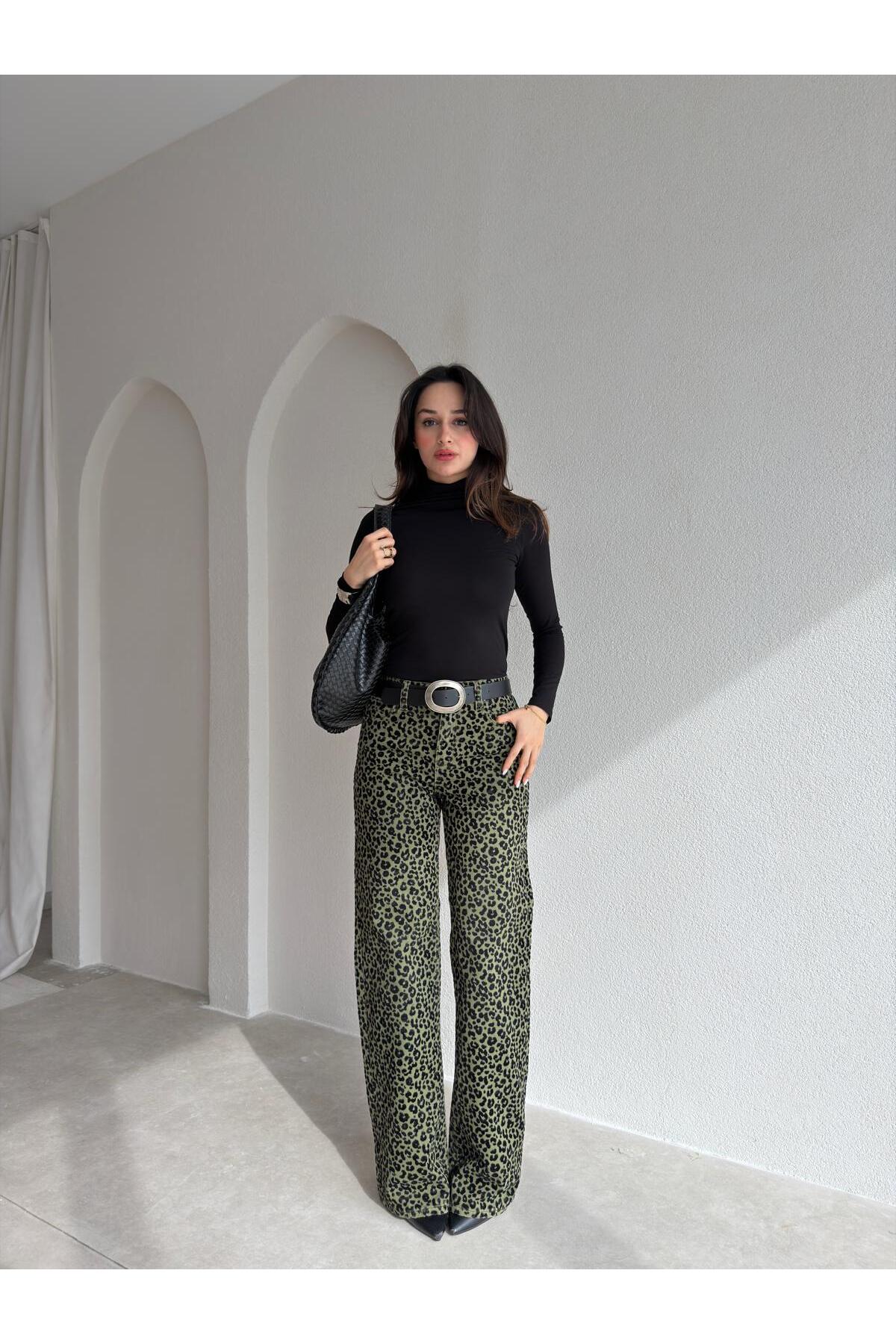 DUUE FASHİON  Kadife Dokulu Leopar Desenli Denim Pantolon - Görsel 2