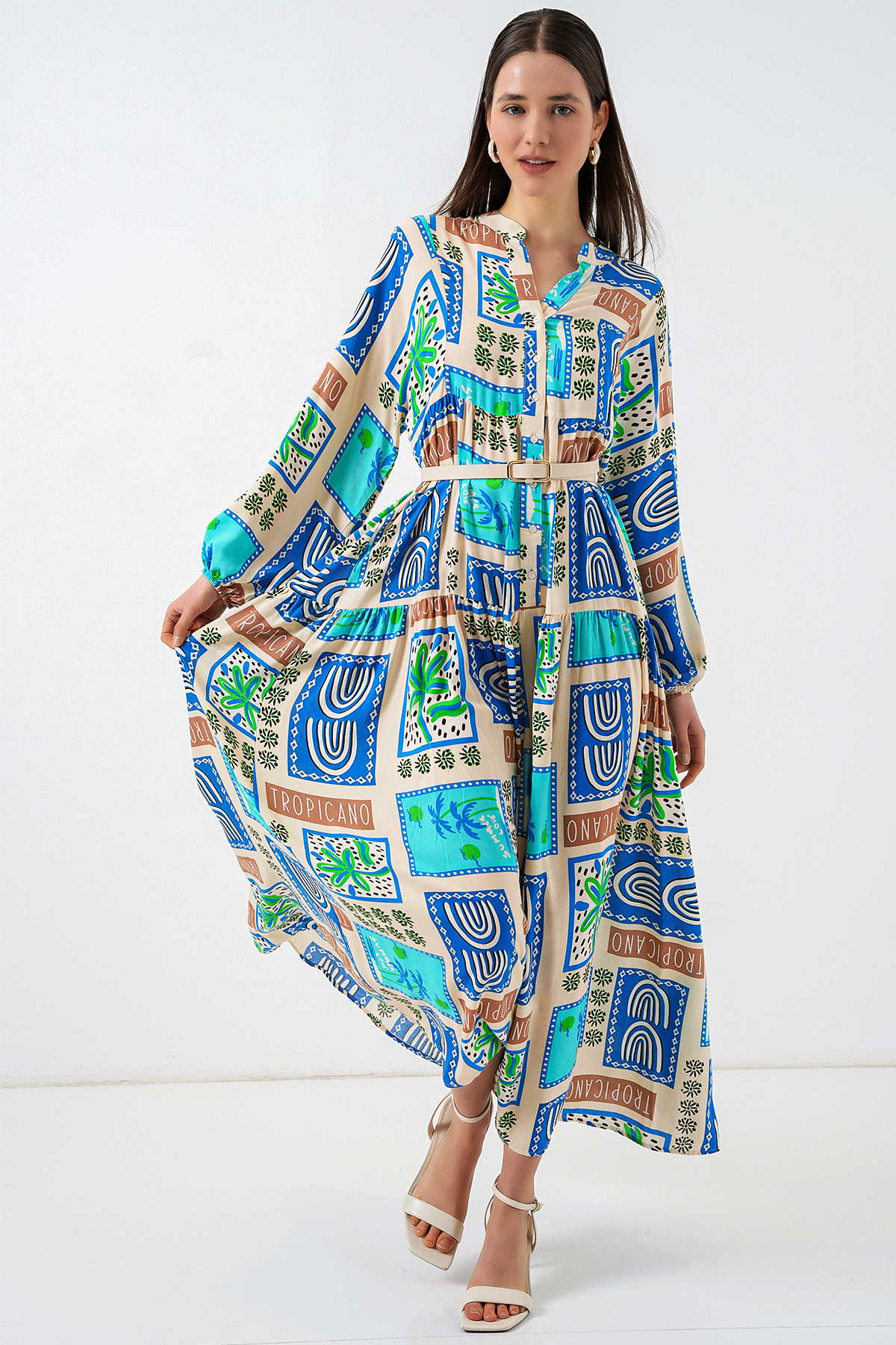 Bigdart Women's Patterned Long Hijab Dress 2585 - A. Turquoise
