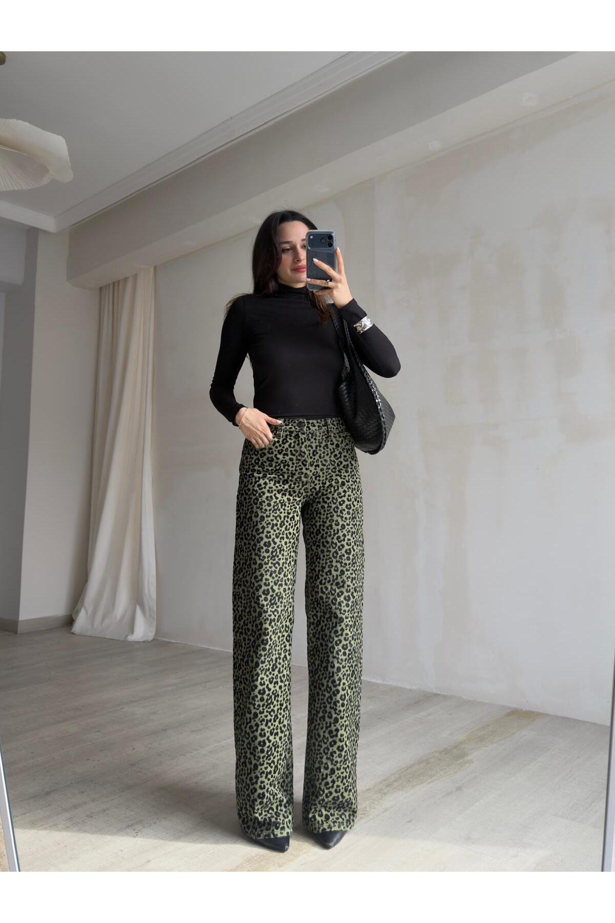 DUUE FASHİON  Kadife Dokulu Leopar Desenli Denim Pantolon