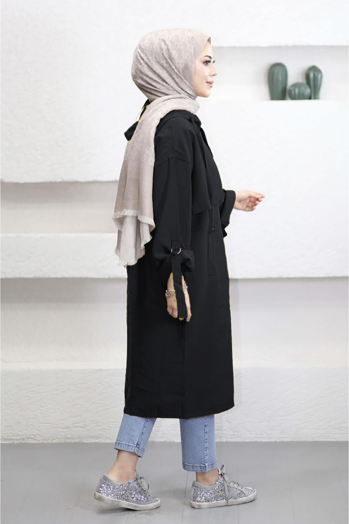 Suede Style  6348- Rahat Şık Fermuarlı Cepli Kol Bağlama Detaylı Yumuşak Modal Kumaş Uzun Kapüşonlu Kadın Tunik - Görsel 3