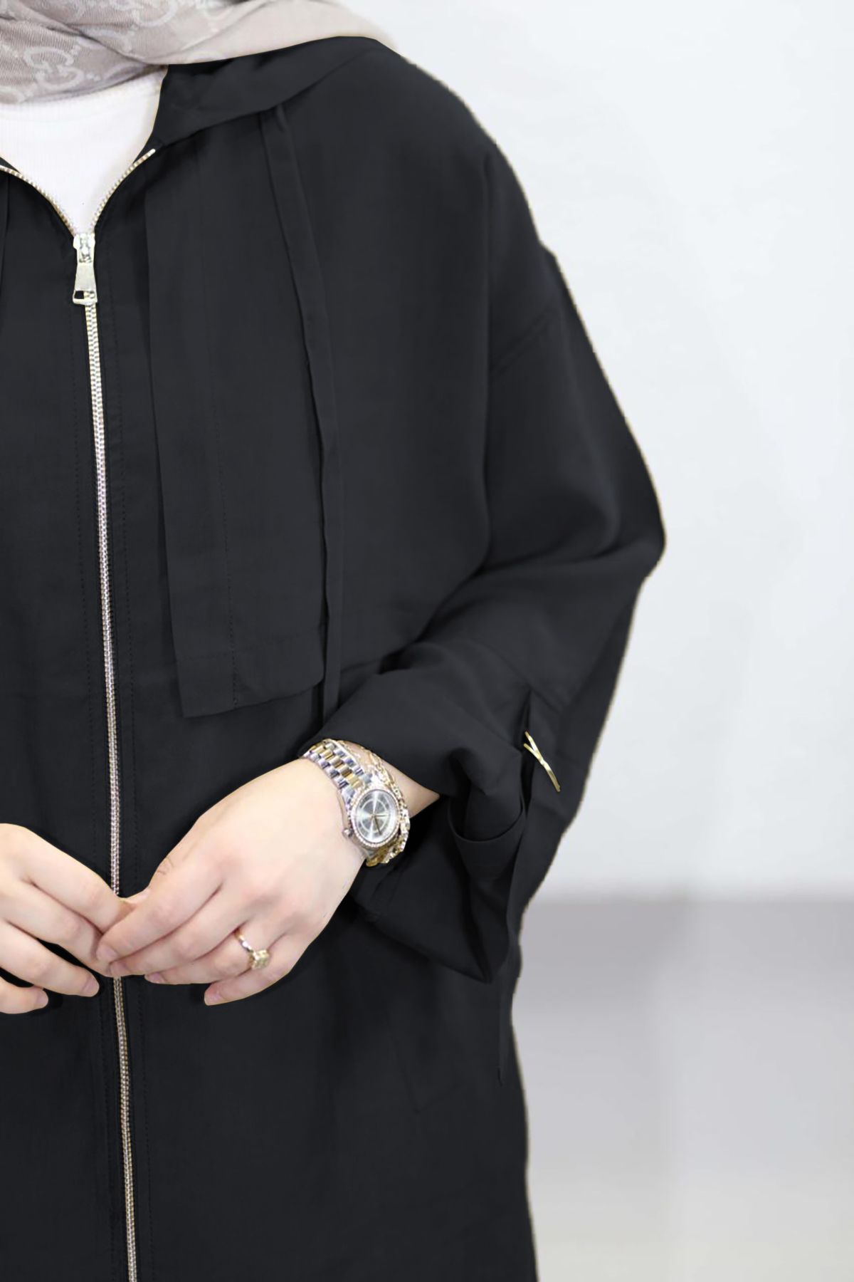 Suede Style  6348- Rahat Şık Fermuarlı Cepli Kol Bağlama Detaylı Yumuşak Modal Kumaş Uzun Kapüşonlu Kadın Tunik - Görsel 4