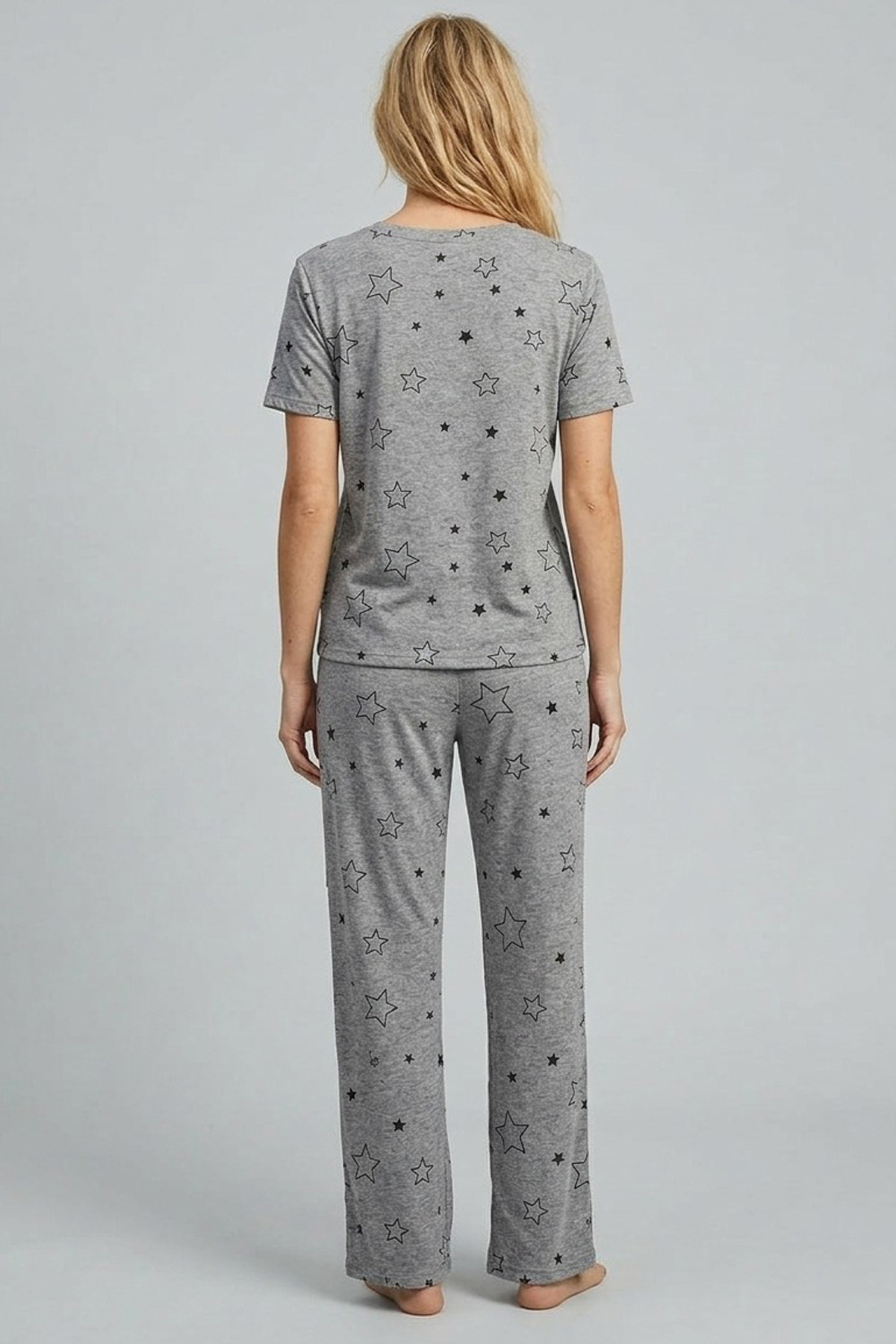 Siyah İnci  gri melanj yıldız desenli Kısa Kollu Örme Pijama Takımı 7612 - Görsel 3