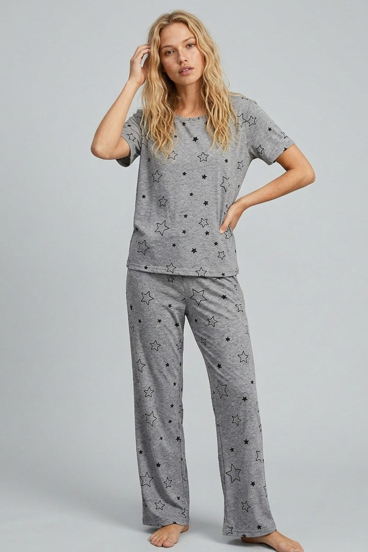 Siyah İnci  gri melanj yıldız desenli Kısa Kollu Örme Pijama Takımı 7612 - Görsel 2