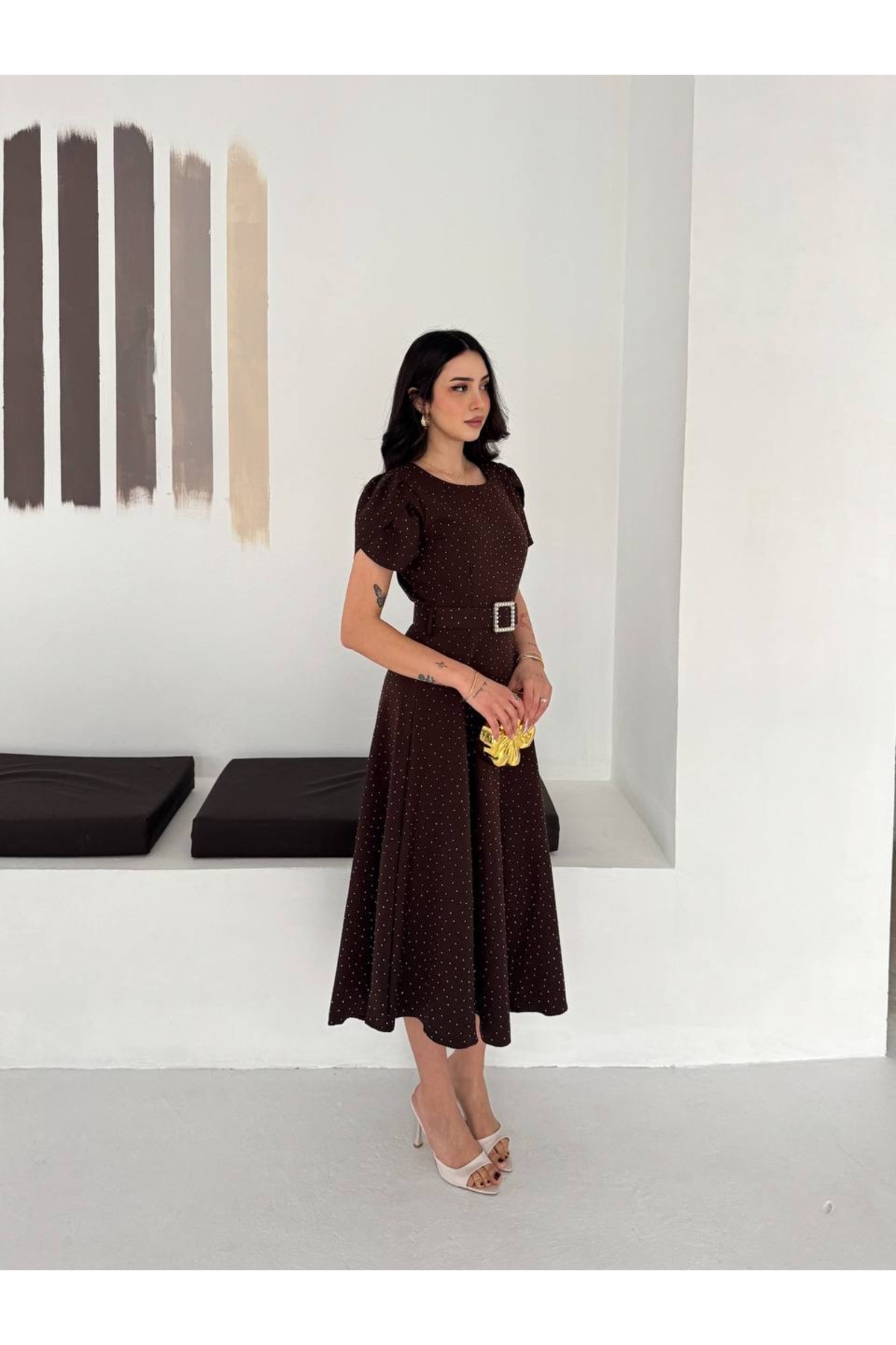 Kiki  Taşlı Kemer Detaylı Midi Elbise - Görsel 3