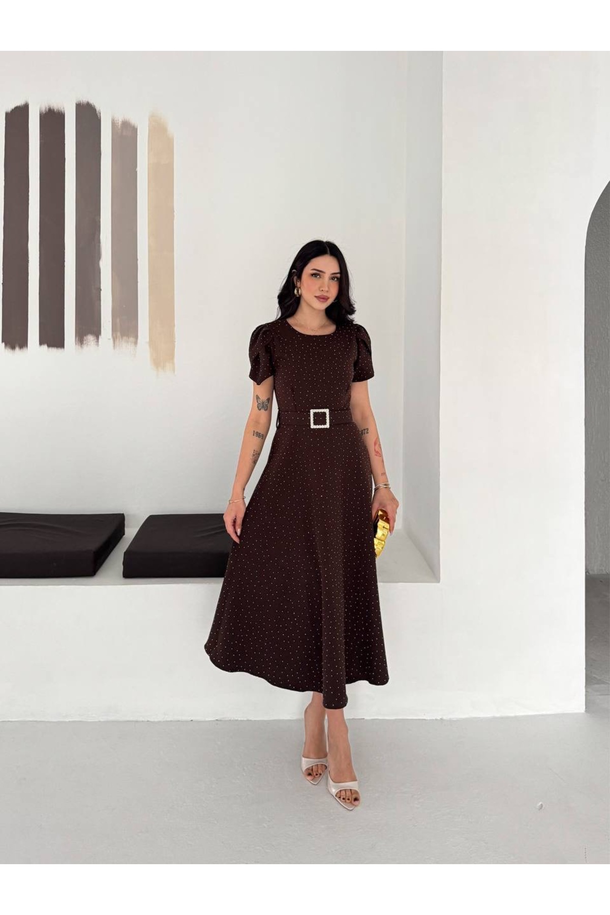 Kiki  Taşlı Kemer Detaylı Midi Elbise - Görsel 2