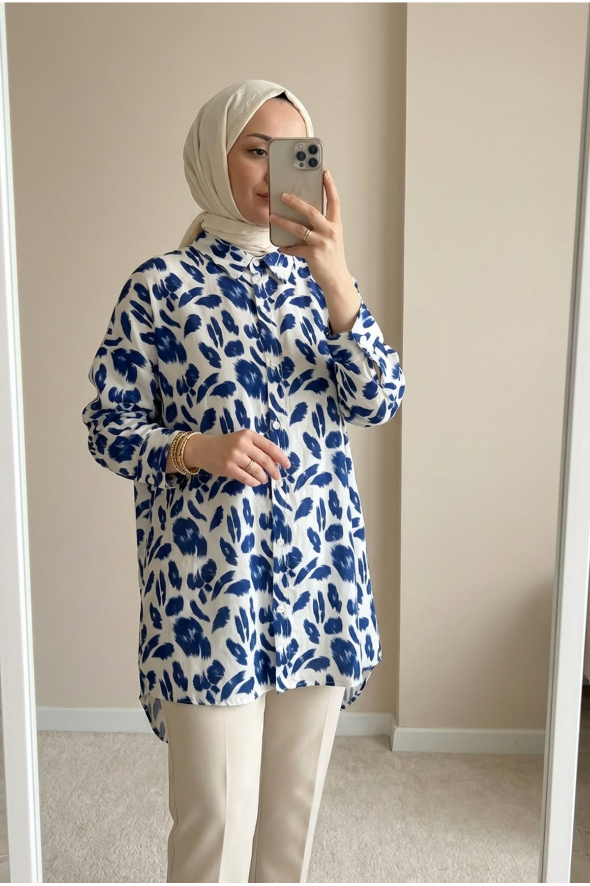 Women's Patterned Standard Size Buttoned Hijab Tunic