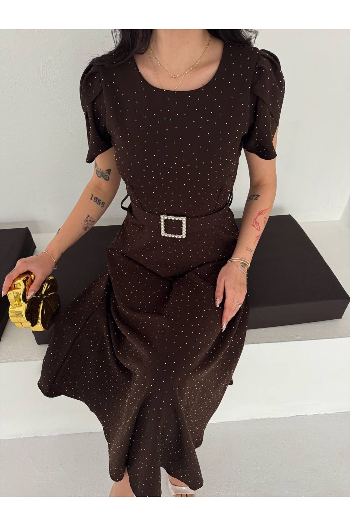 Kiki  Taşlı Kemer Detaylı Midi Elbise - Görsel 4