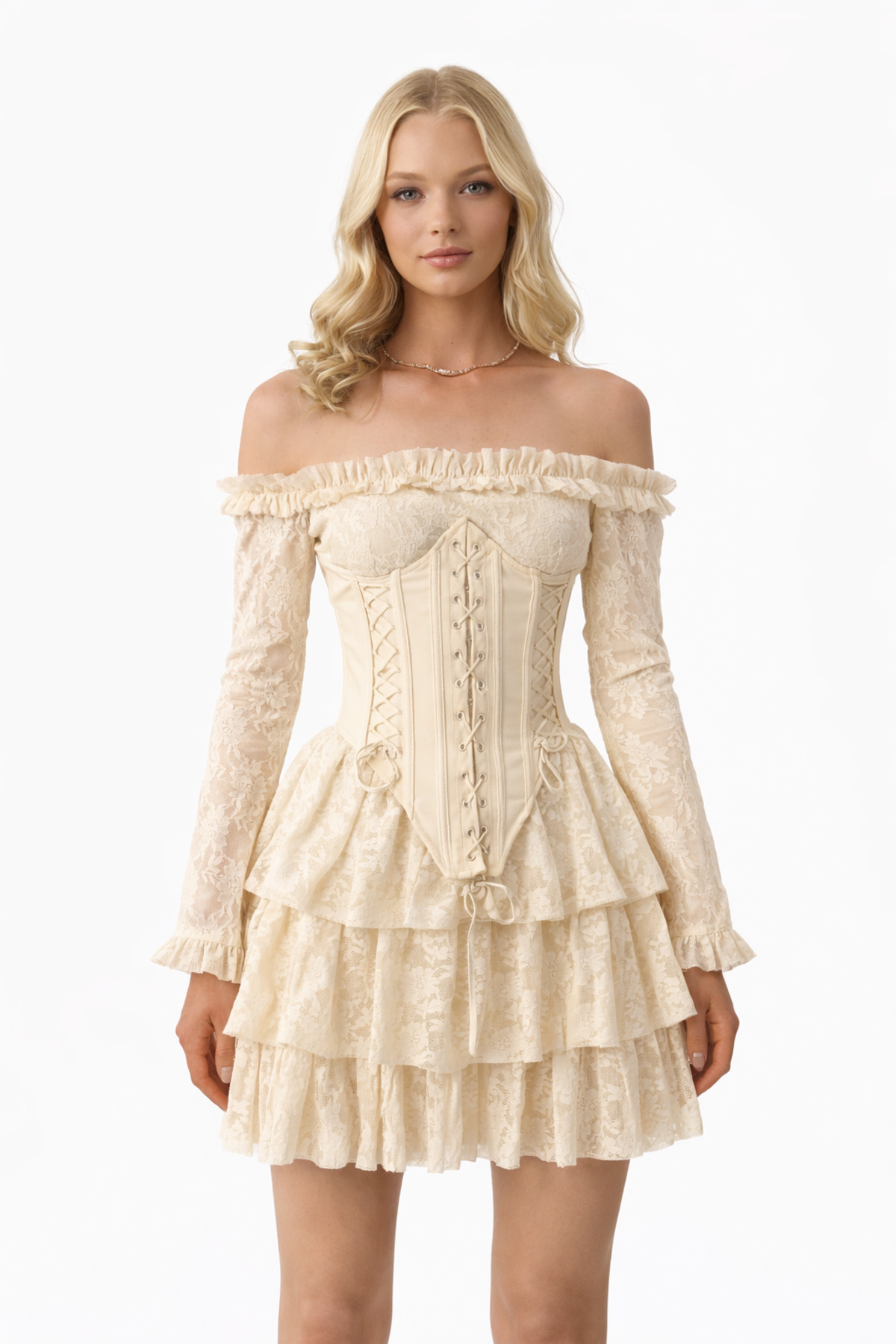 Butik  İDL Fashion Dantel korseli Mini Elbise - Ekru Volanlı, Omuz Açık Elbise