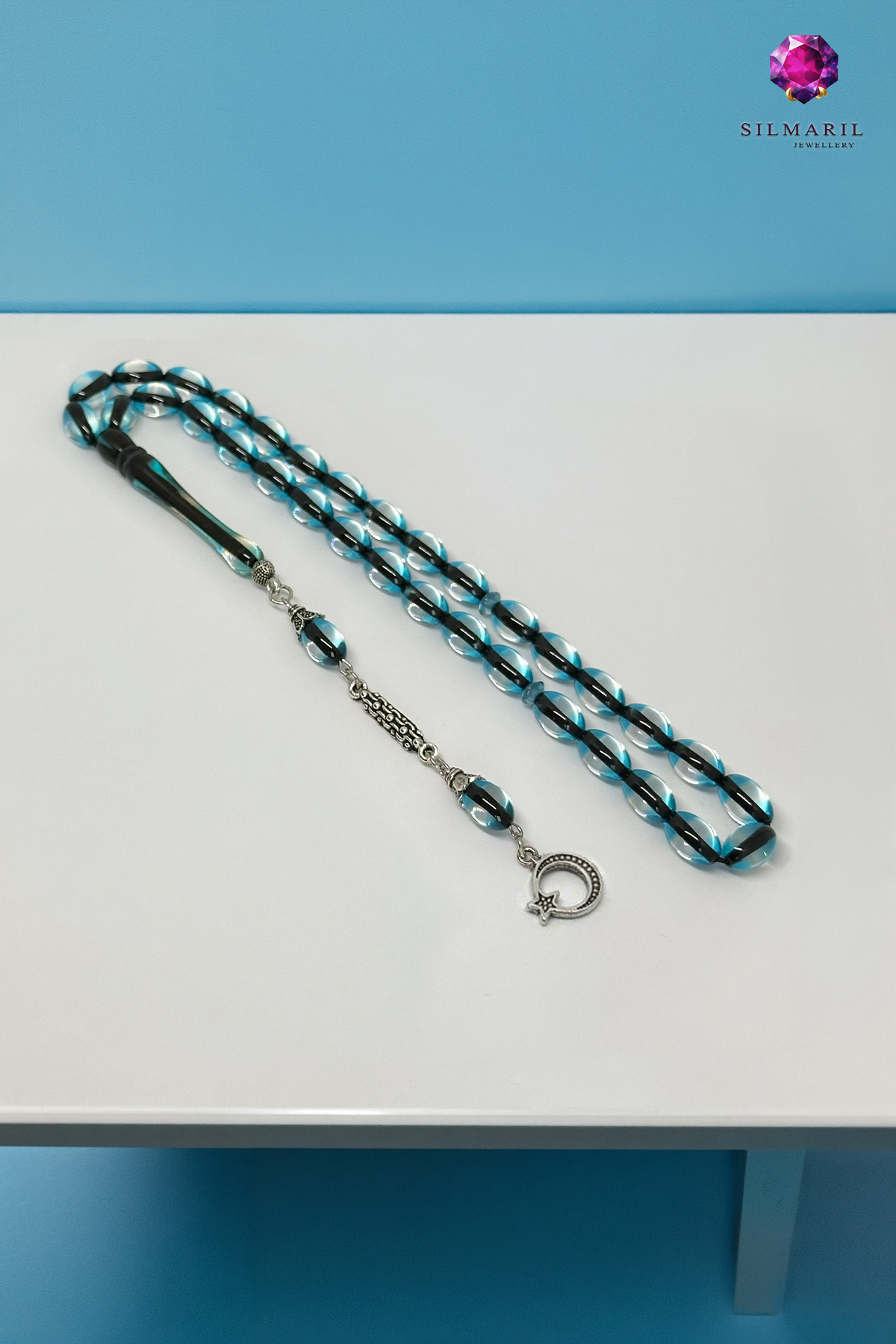 Ay Yıldız Figürlü Sürmeli Kehribar Tesbih - Koleksiyonluk Erkek Hediyesi Tespih Mavi Kehribar — Silmaril Store (2)