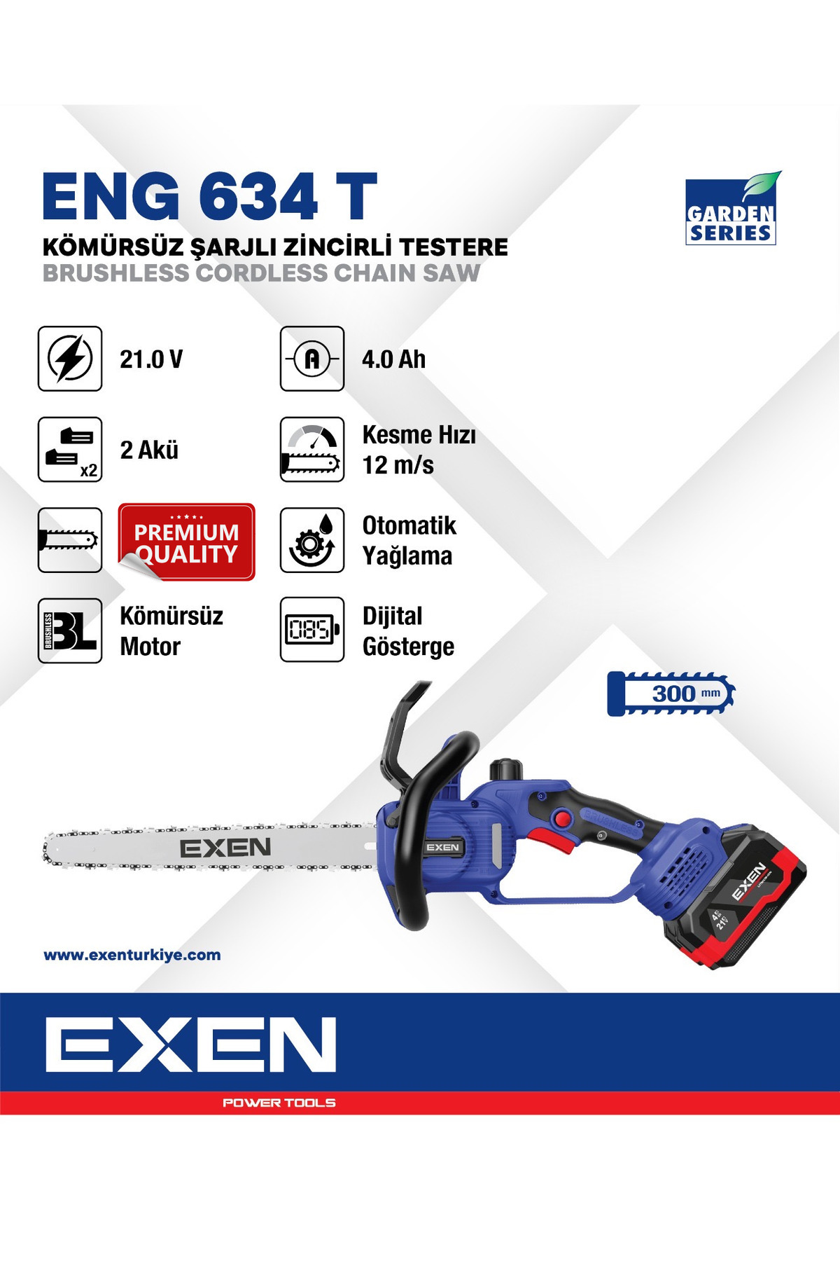 EXEN ENG 634 T 21V 2x4 Ah Çift Akü 300 mm Kömürsüz Şarjlı Zincirli