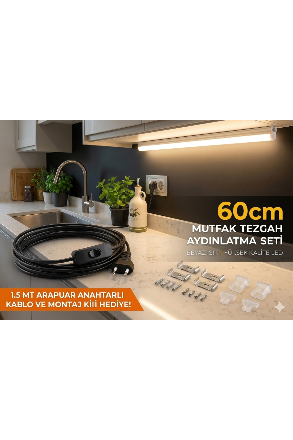 Markasız ucuz 60 cm Mutfak Tezgah Aydınlatması Anahtarlı Kablolu