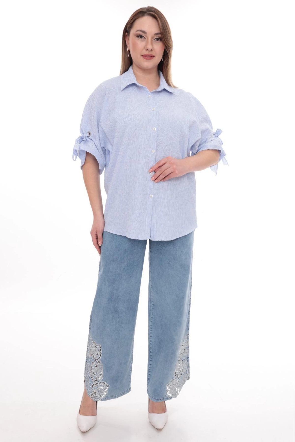 Lady Majestic  Büyük Beden Kadın Pamuklu Gömlek Rahat Kesim, Düğmeli, Volan Kol Detaylı - Görsel 6