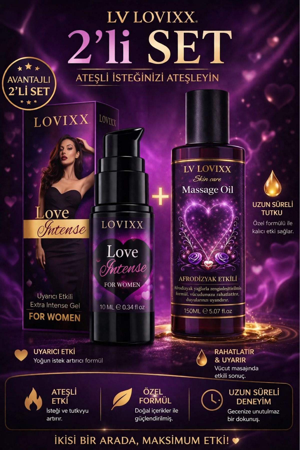 Lovix 2'li Set Love Intense Jel + Masaj Yağı – Kadınlara Özel i