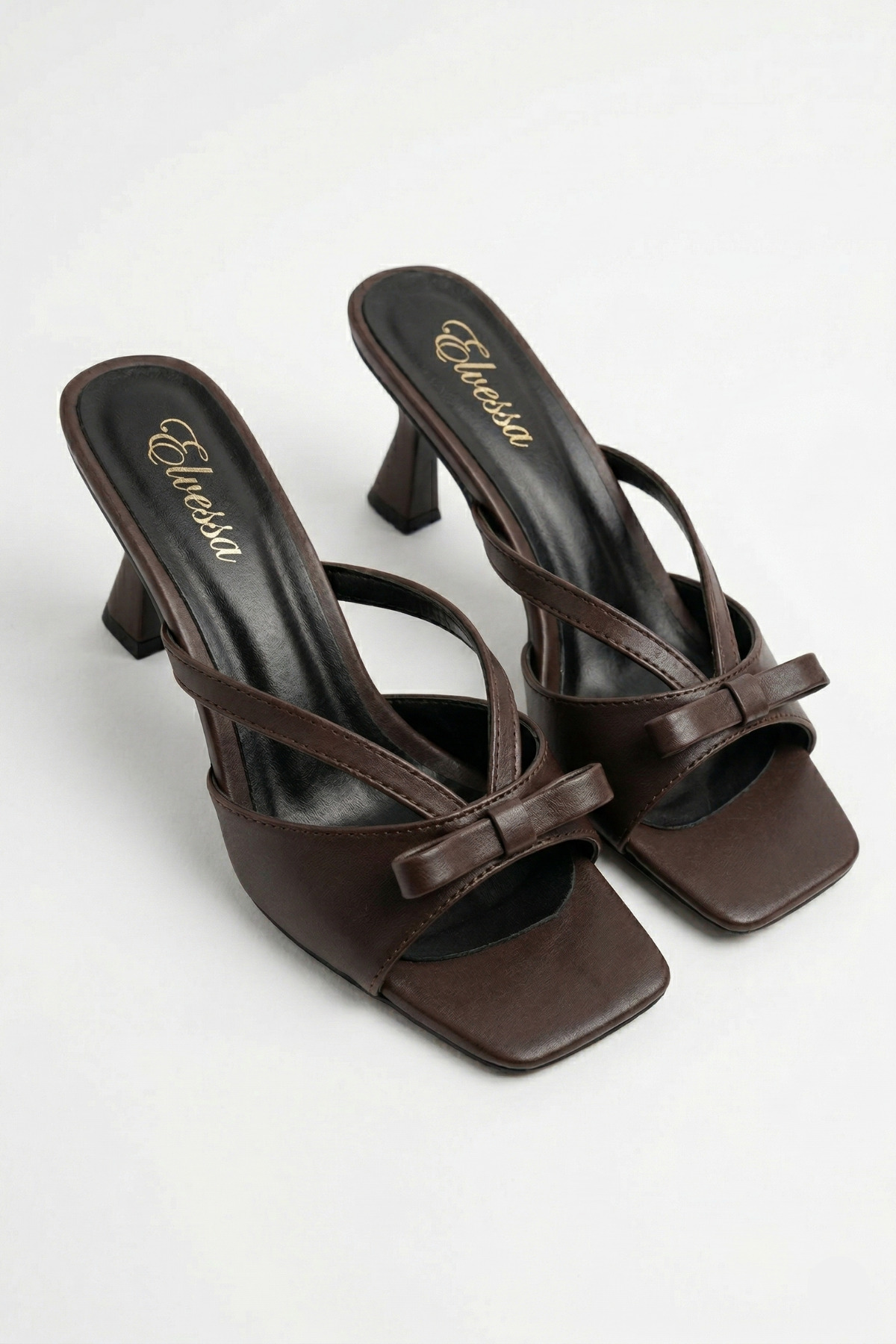 Women's Bitter Coffee Skin 5 Cm Thin Heel Slippers, Stylish Model with Bowtie Detail