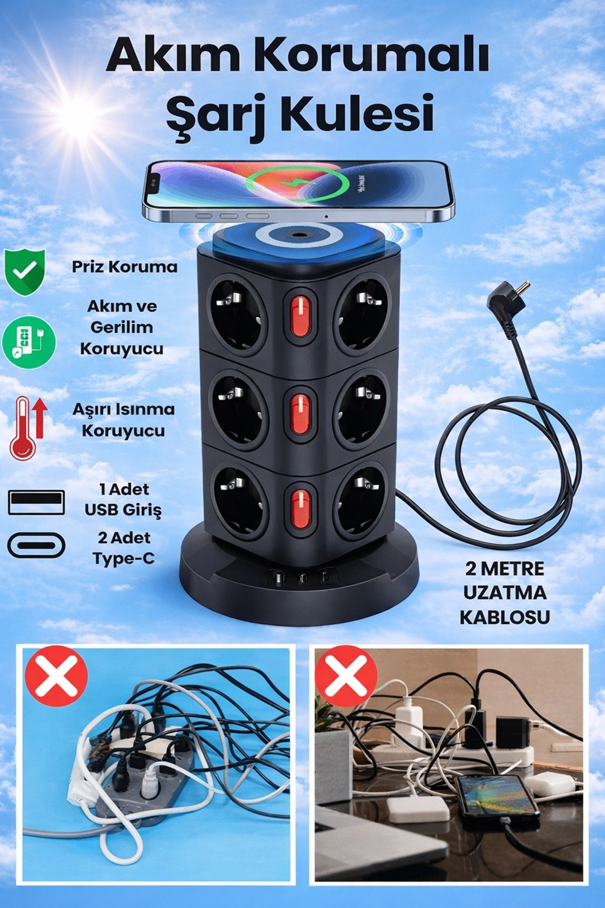 MO DOU 12'li Kule Tipi Çoklu Priz 3680W 16A Kablosuz Şarjlı USB-C