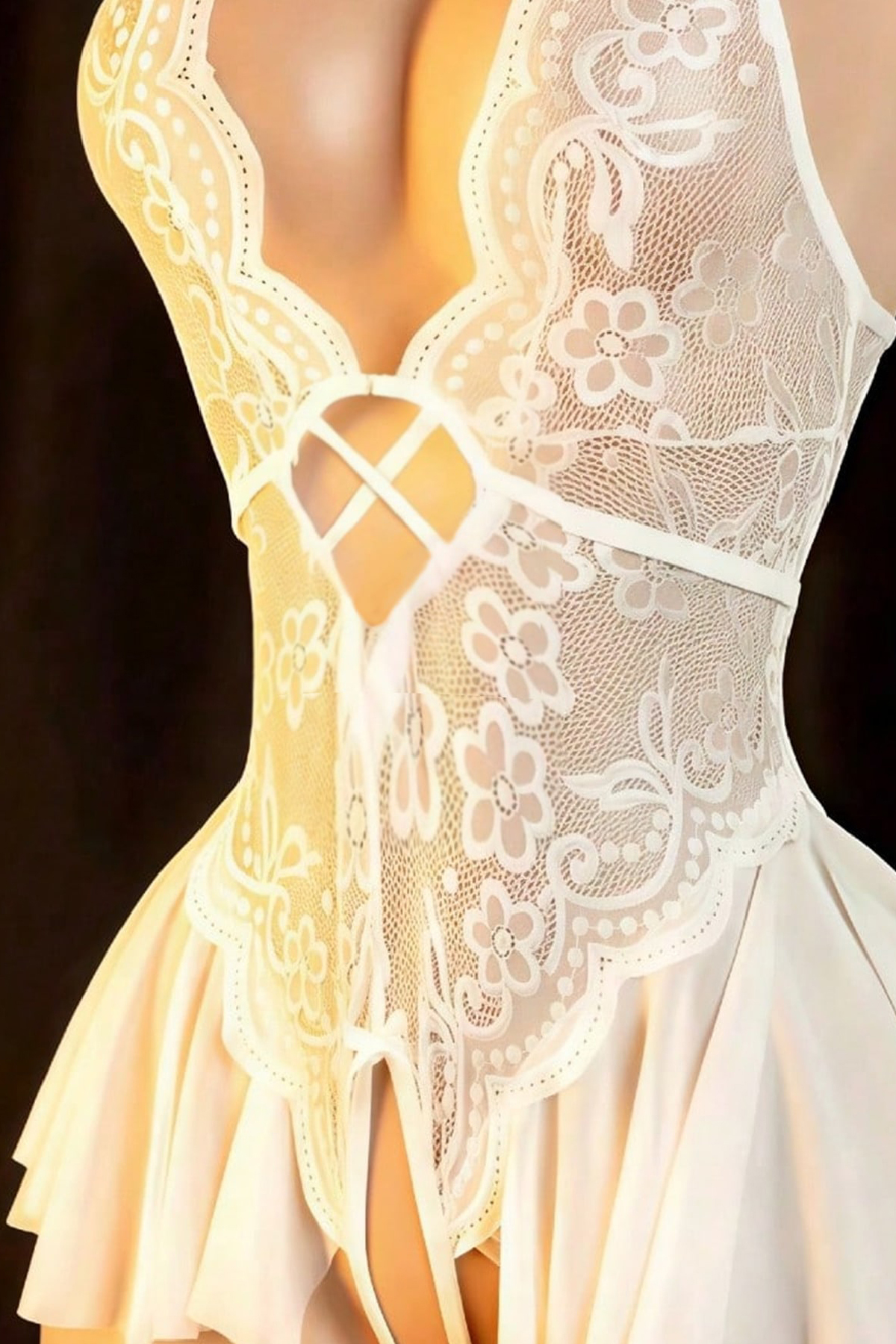 Imoda  Kadın Beyaz Dantel ve Tül Detaylı Derin V Yaka Teddy Gecelik - Görsel 6